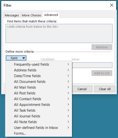 Advanced tab Fields for a condition