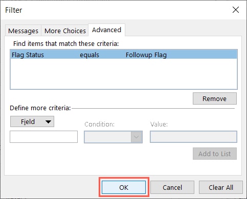 Advanced tab OK button for a condition