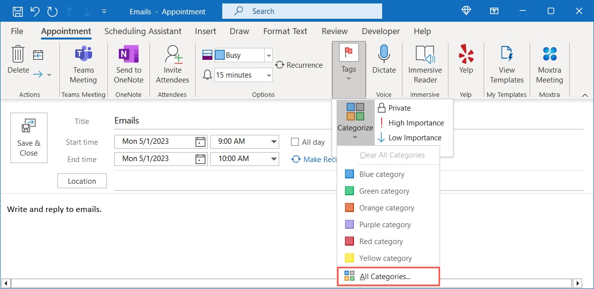 All Categories in the Categorize menu in Outlook Calendar