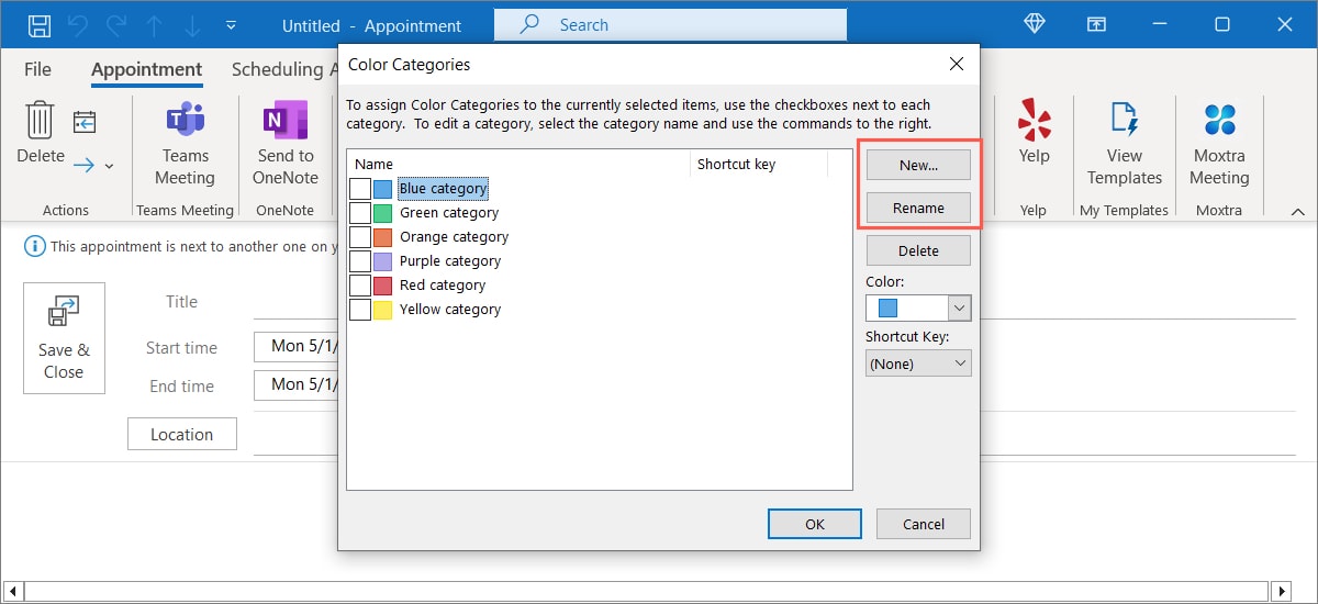 Rename and New buttons for categories in Outlook