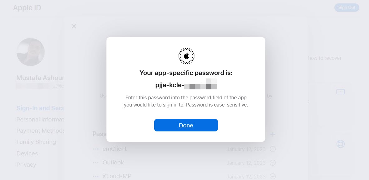 App specific password has been generated.