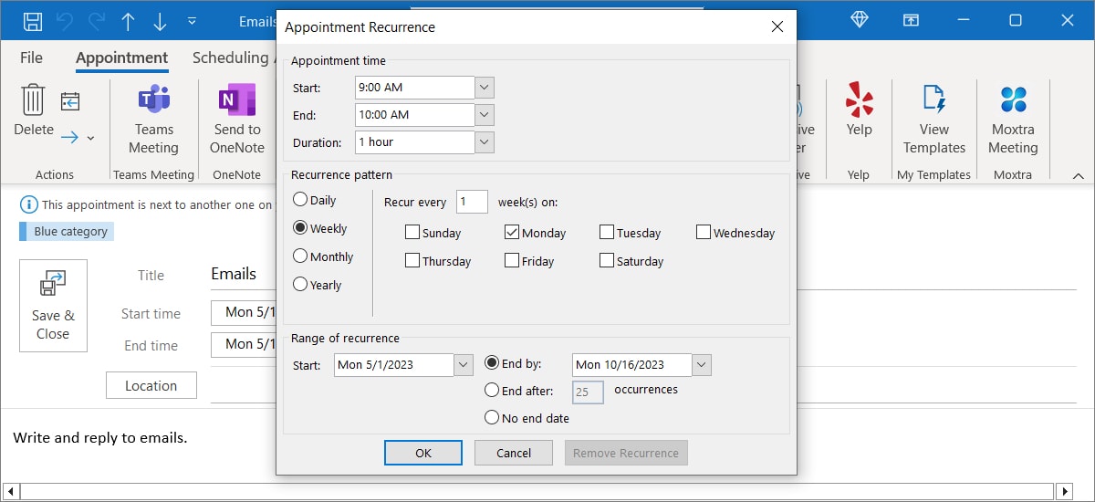 Appointment Recurrence box in Outlook Calendar