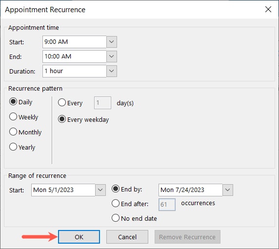 Appointment Recurrence OK button in Outlook Calendar