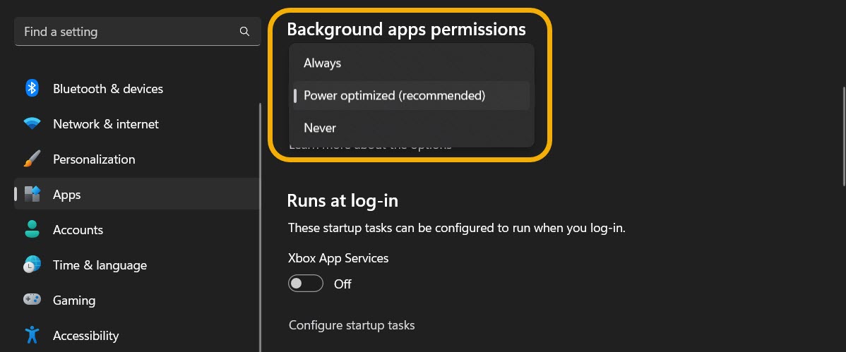 Selecting "Never" under "Background app permissions" in Windows Settings. 
