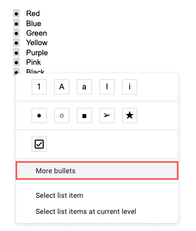 More Bullets in the shortcut menu