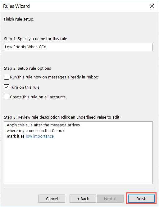 CC box with Low importance rule final screen 