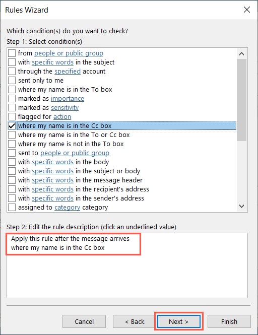 If CC box in the Rules Wizard