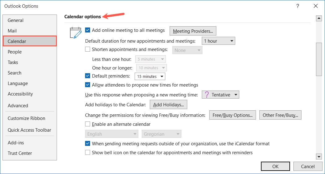 Calendar Options in Outlook