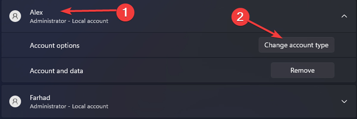 Clicking on "Change account type" button in Windows Settings.