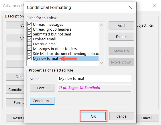 Checkmark for a conditional formatting rule in Outlook