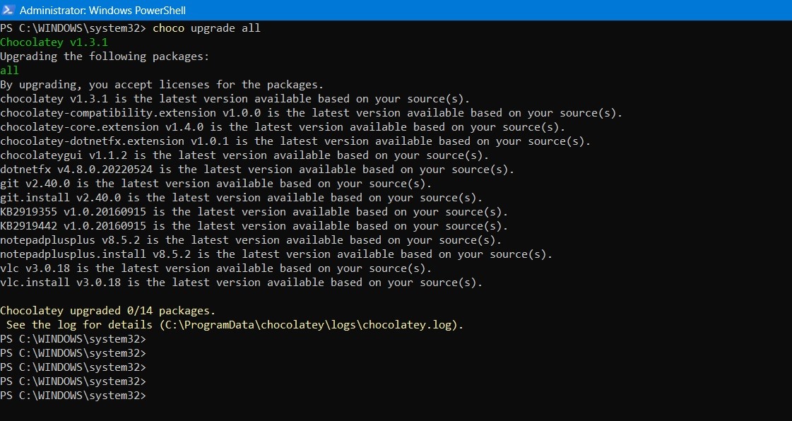 Chocolatey upgrading all packages in its list using choco upgrade all