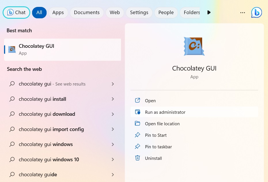 Chocolatey GUI app search in Windows 11 search box. 