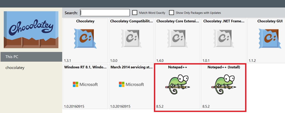 Third-party program installed via Chocolatey GUI and visible in the main dashboard.