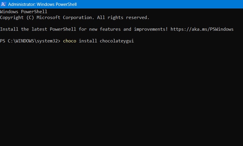 Install command of Chocolatey GUI in Windows 11 PowerShell.
