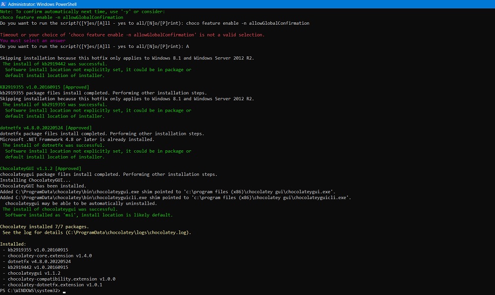 Chocolatey GUI installed status confirmed in PowerShell window.
