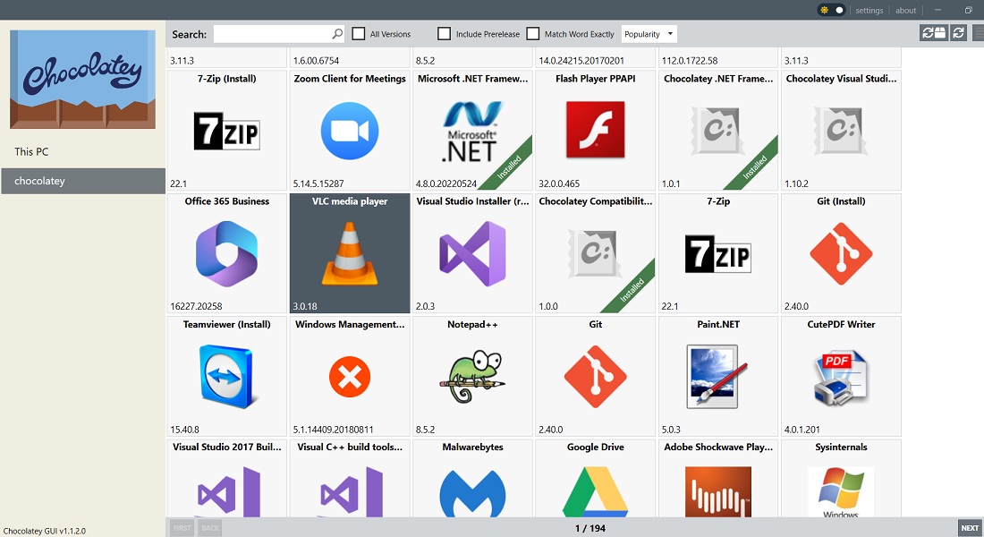Chocolatey GUI List of programs view.