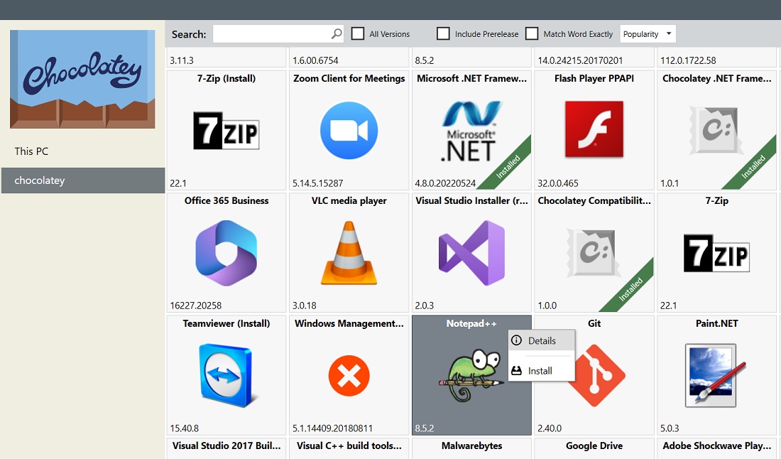 Clicking on a program in Chocolatey GUI for the options to install and view details. 