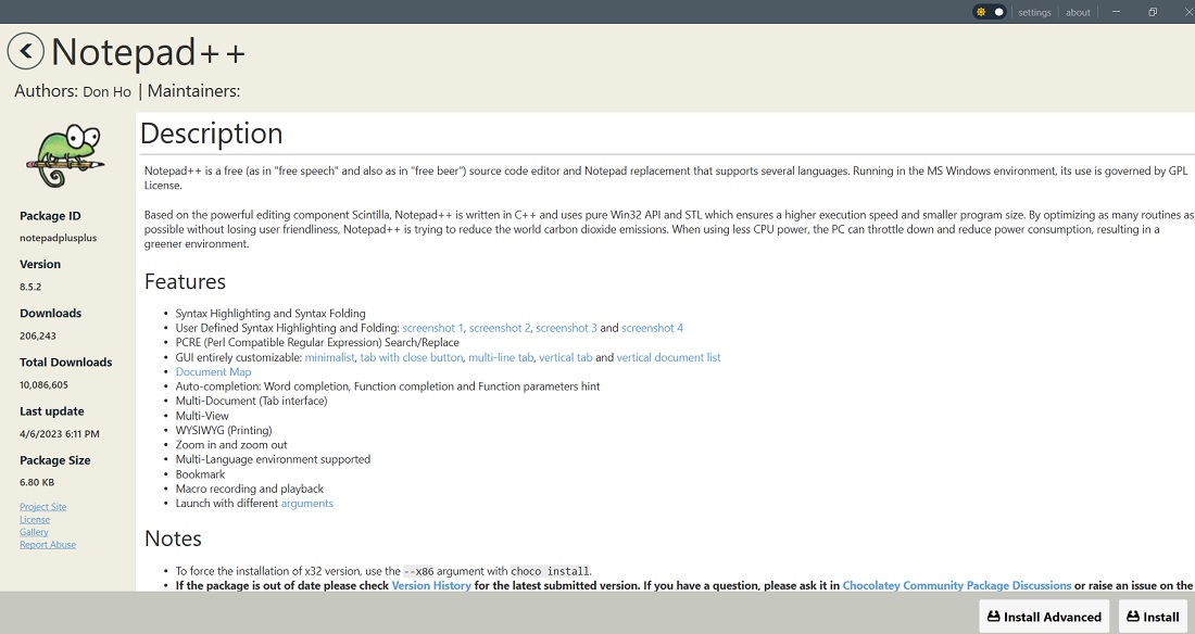 Check program installation options for a given program in Chocolatey GUI. 
