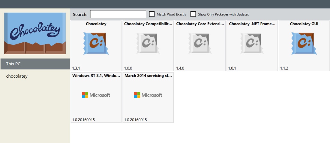 Chocolatey's list of programs available on the This PC screen.