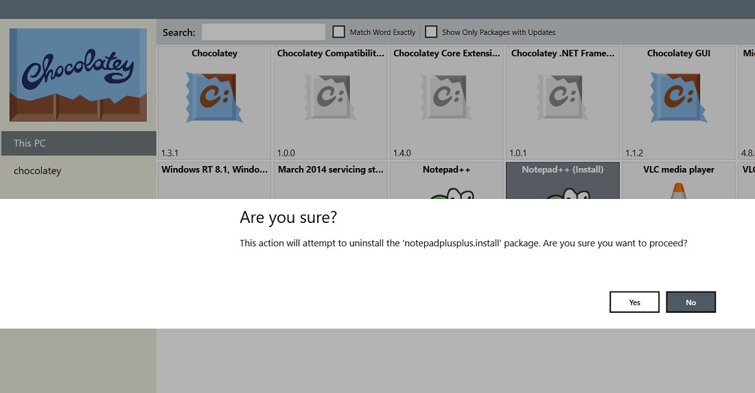 Confirming are you sure to uninstall any application in Chocolatey GUI. 