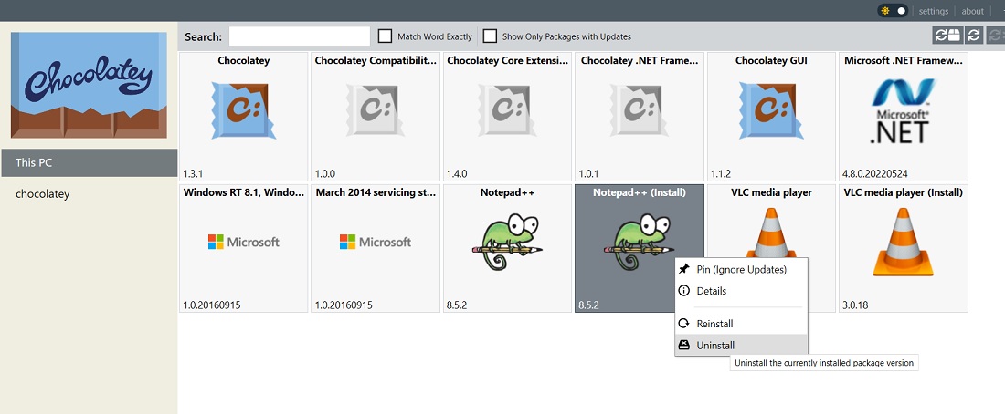 Right-click on any installed program in Chocolatey GUI to uninstall it.
