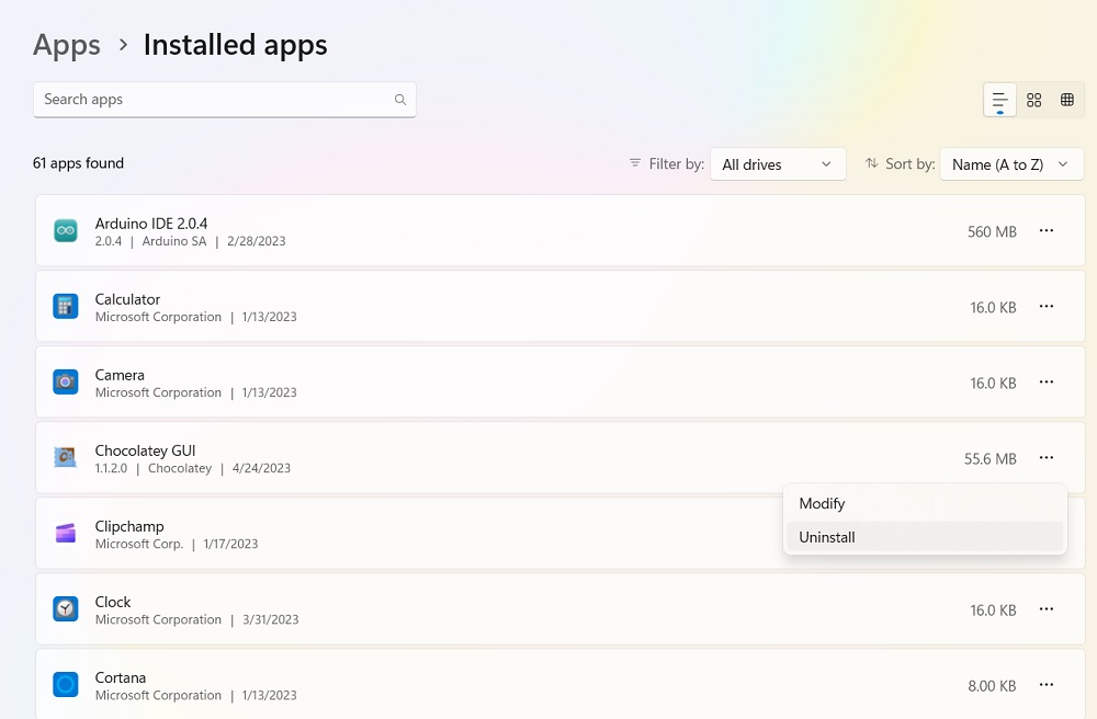 Uninstall Chocolatey GUI from the list of installed apps in Windows 11.