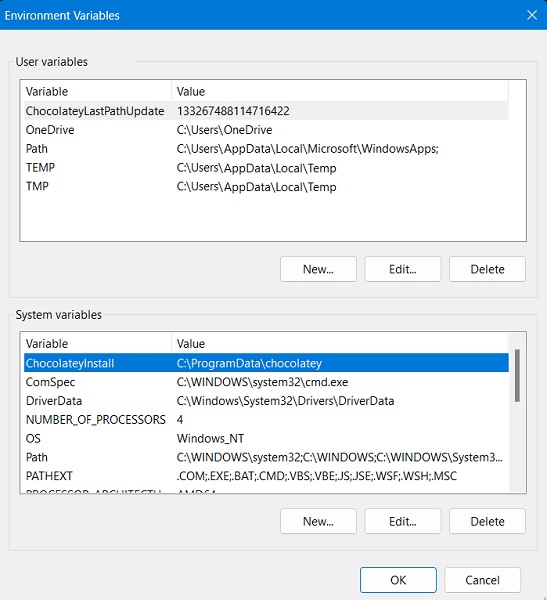 ChocolateyInstall added as Environment Variables.  