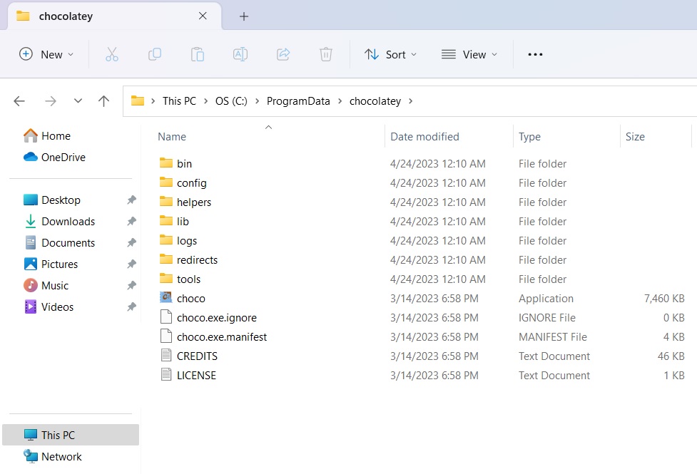 Chocolatey folder in Windows 11 with all constituent files and packages 