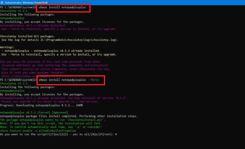 Chocolatey installing a given program using choco install in PowerShell with --force argument.