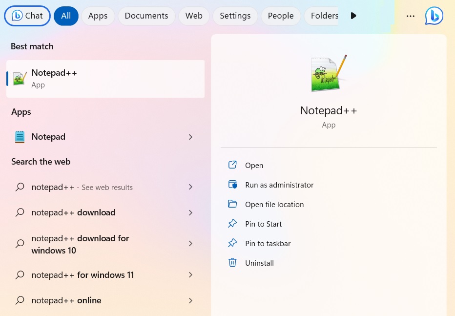 Program installed via Chocolatey available in Windows 11 search box.