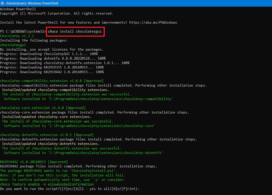 Various steps of installing Chocolatey GUI in PowerShell window with permission to run script.