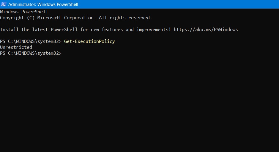 Execution policy in PowerShell for external scripts shows as "unrestricted" through a PowerShell check. 