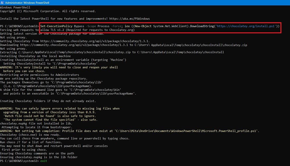 Various steps of Chocolatey installing automatically in Windows 11 PowerShell window. 