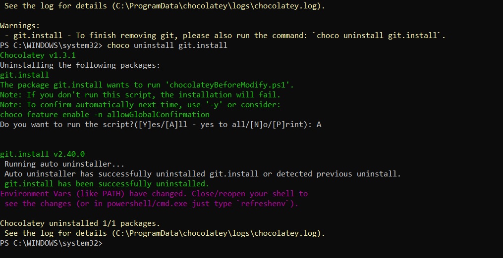 Program uninstalled using Chocolatey in PowerShell window. 