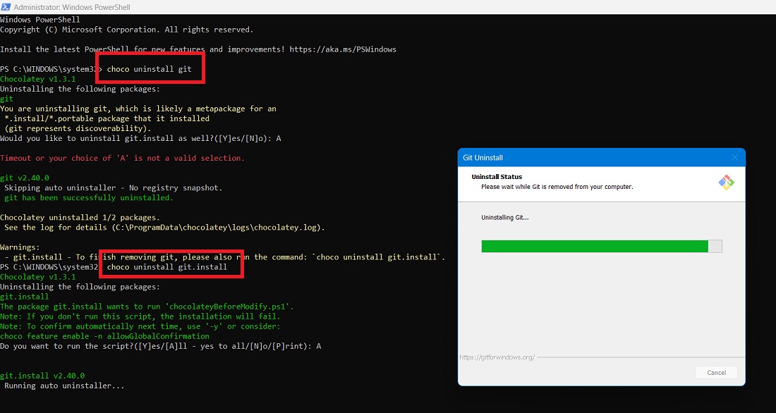 Uninstalling an application in PowerShell using Chocolatey's uninstall command. 