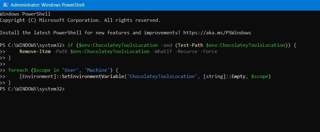 Uninstalling Chocolatey's environment variables in PowerShell window. 