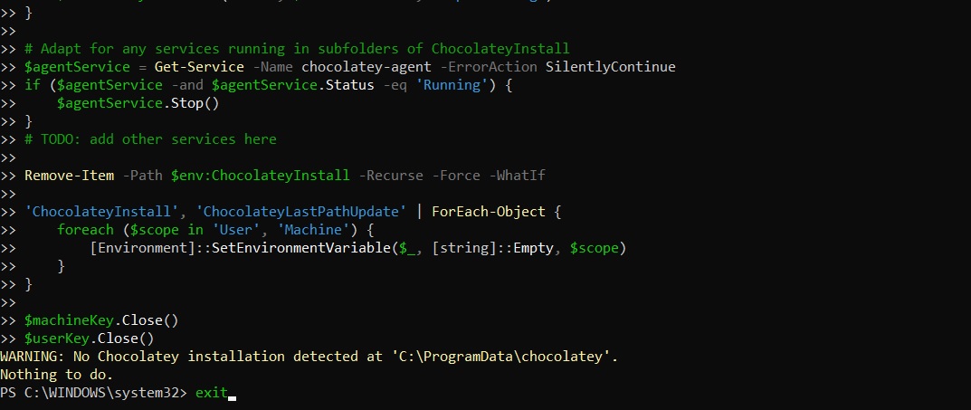 No Chocolatey installation detected message in PowerShell window.