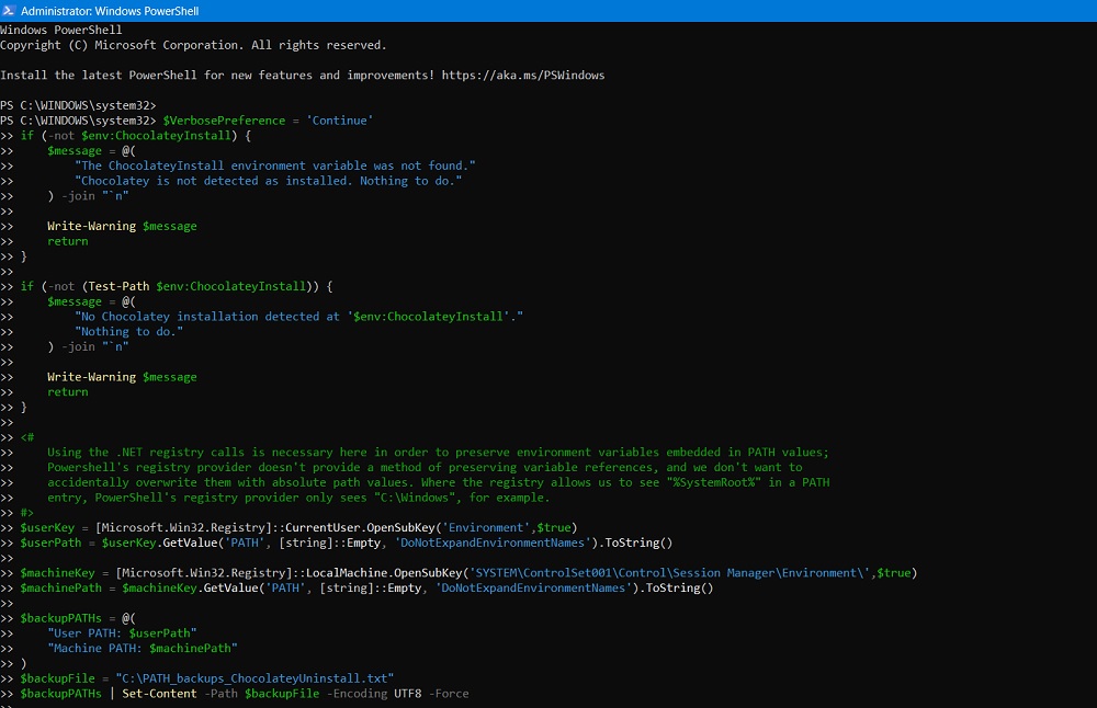 Chocolatey uninstall code in PowerShell copy-pasted from official Chocolatey site. 