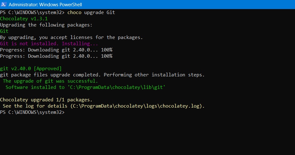 Choco upgrade command in PowerShell.