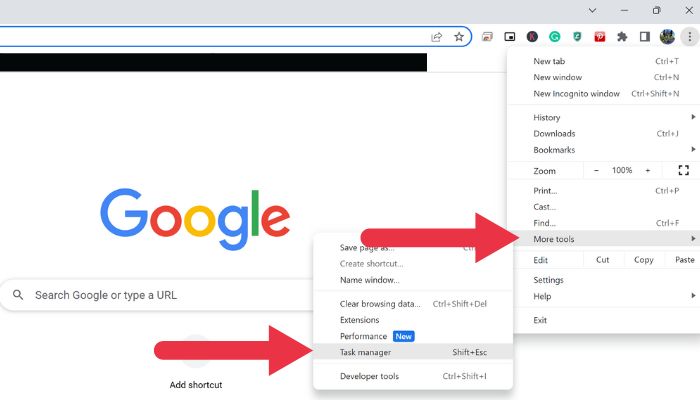 Opening Task Manager from "More tools" in Chrome browser.