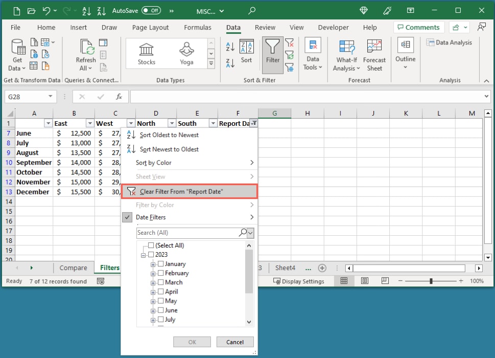 Clear Filter From in the Excel filter menu