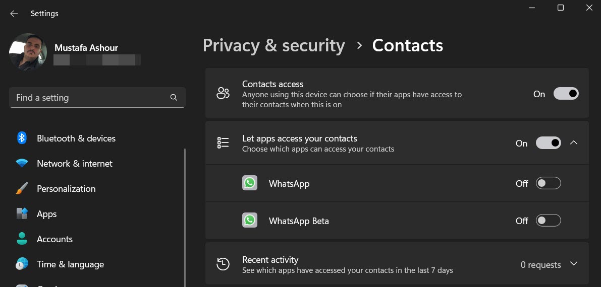 Contacts privacy options in Windows Settings. 