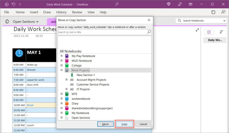Copy box for a OneNote page