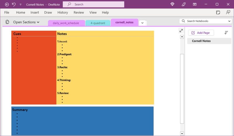 Cornell Notes template from OneNote Gem