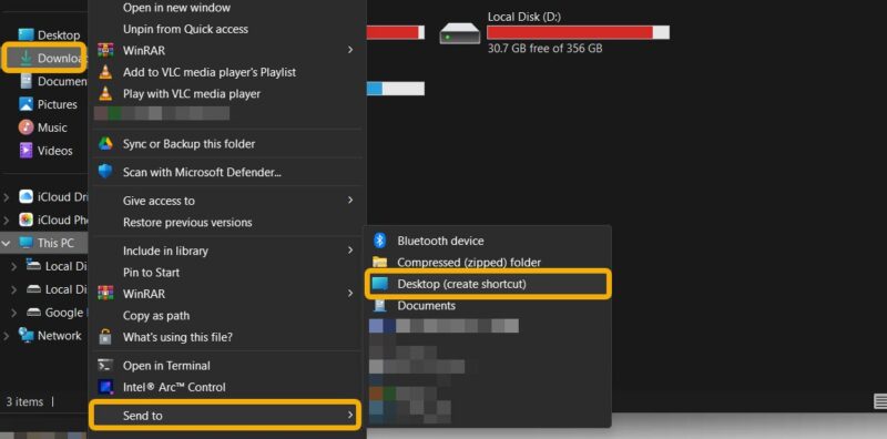Creating a folder shortcut on desktop on Windows device. 