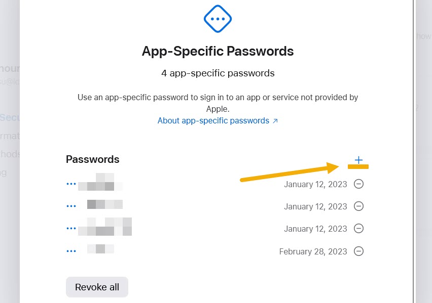 Clicking on "Add" button to add new app-specific password. 