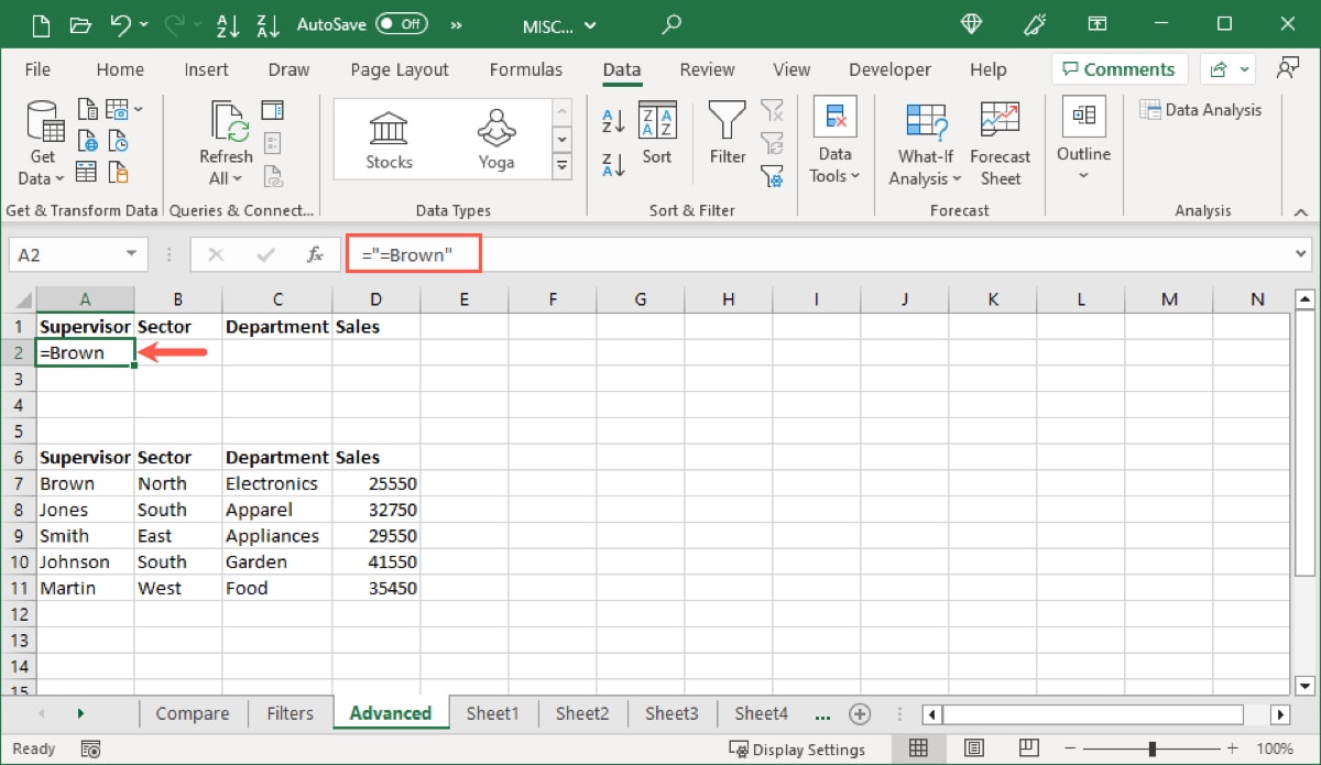 Criteria entered for an Excel advanced filter
