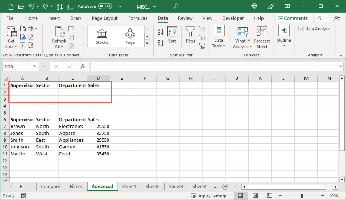 Criteria range for an advanced Excel Filter