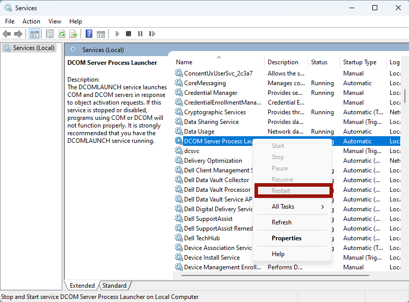 Restarting the DCOM Server Process Launcher service in Windows.