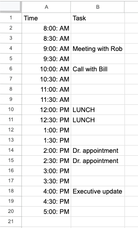 Daily schedule in Google Sheets
